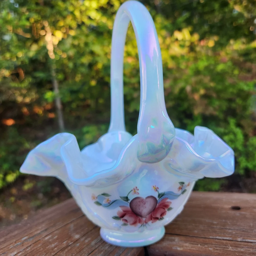 Fenton White Carnival Glass Opalescent Handpainted Basket Signed By Artist